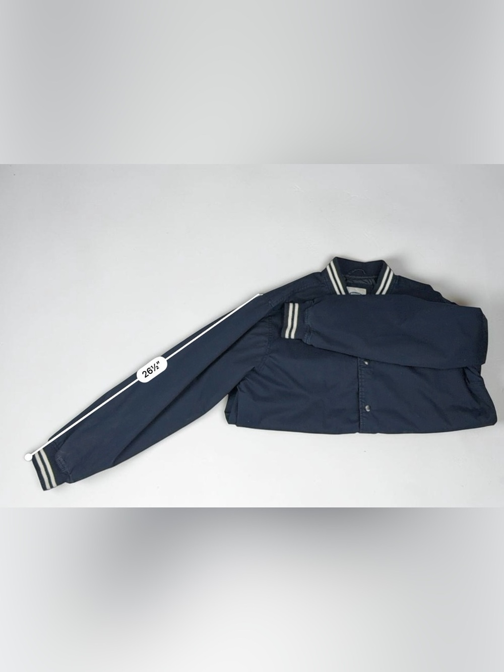 Old Navy Men’s XL Navy Cotton Varsity Bomber Jacket Striped Rib Trim Snap Front - Picture 13 of 17